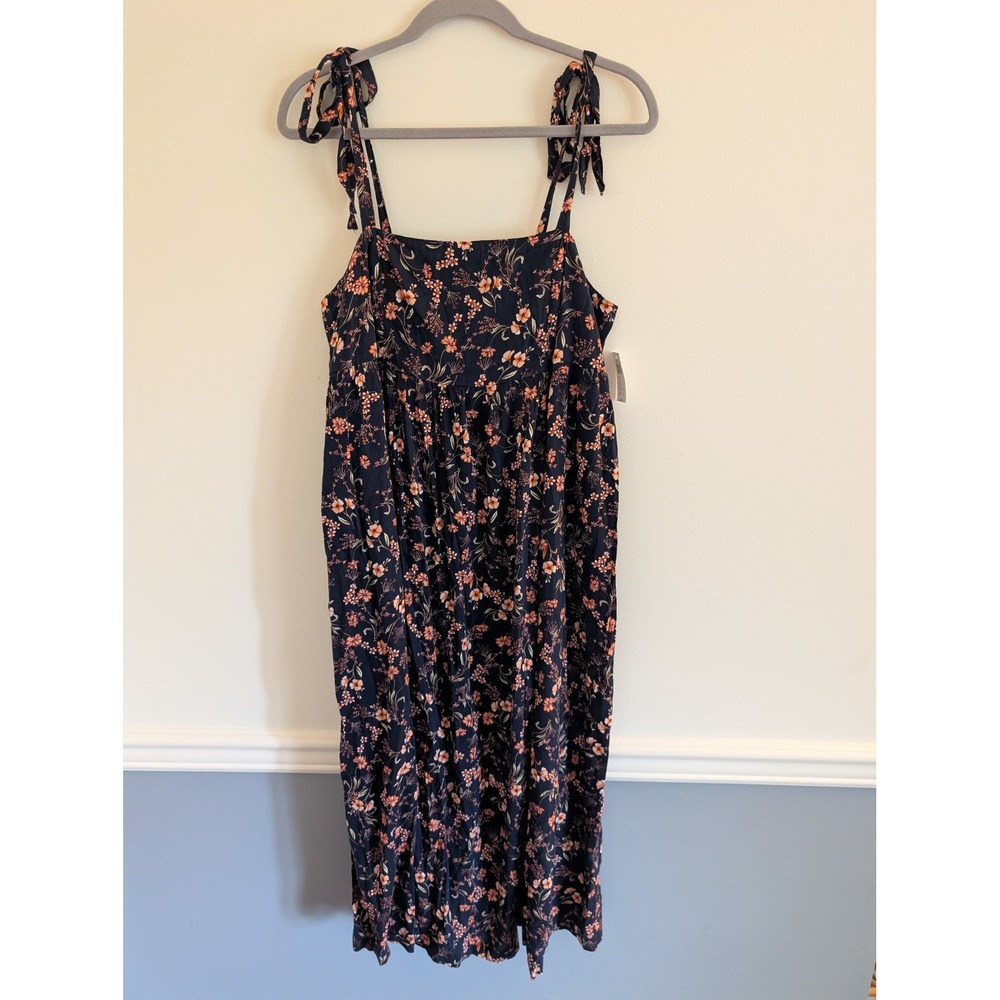 Old Navy Women Navy Floral Tie-Shoulder Smocked Babydoll Midi Dress Large NWT